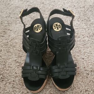 Tory Burch Black Wedge Sandals with Gold Accents